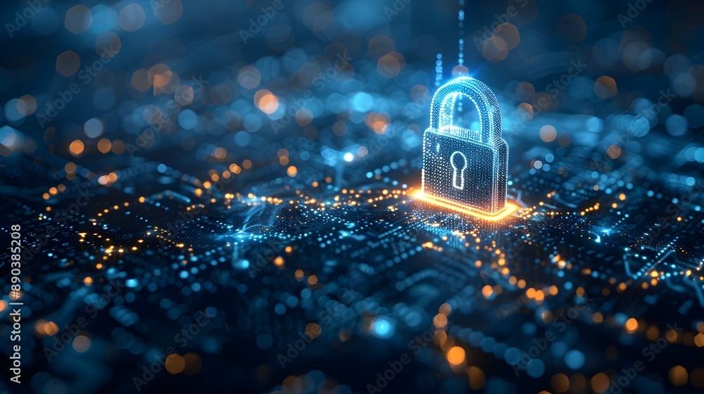 Poster cyber insurance concept with digital lock protecting encrypted online data in high tech secure netwo