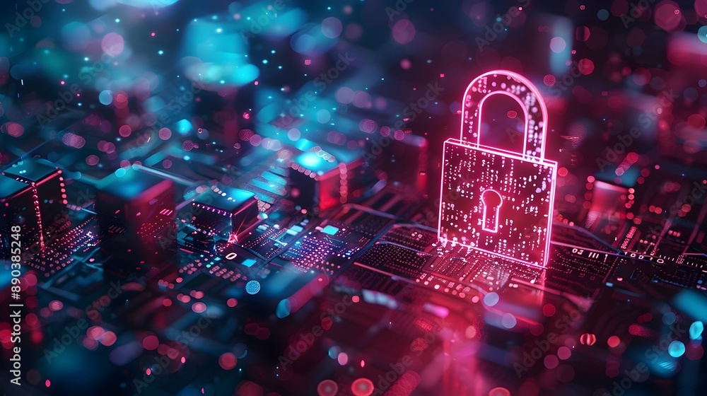 Poster cyber insurance concept with digital lock protecting online data high tech and secure