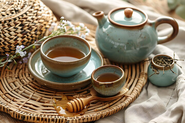 Fototapeta premium Tranquil tea time setup featuring a ceramic teapot and cups on a woven mat, adorned with honey and dried flowers.