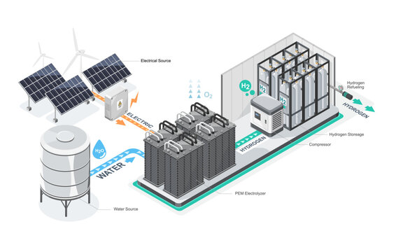 PEM water electrolyser station daigram isometric H2 green electrolyzer hydrogen generator station for factory industrial technology on white background isolated cartoon