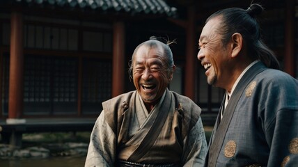 Two elderly samurai in traditional kimonos laughing together, showcasing joy and friendship. Perfect for cultural and historical themes.