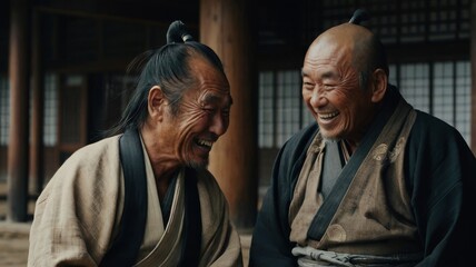 Two elderly samurai in traditional kimonos laughing together, showcasing joy and friendship. Perfect for cultural and historical themes.