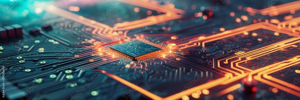 Poster close-up of a circuit board with detailed components, showcasing intricate electronic design.