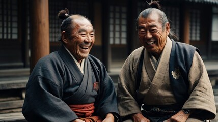 Two elderly samurai in traditional kimonos laughing together, showcasing joy and friendship. Perfect for cultural and historical themes.