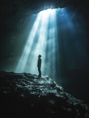 Obraz premium A person stands in a cave, gazing up at the sun