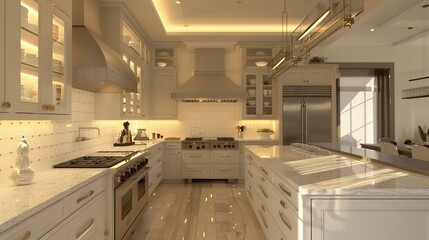 A kitchen with rice-colored glass under-cabinet lighting illuminating the countertops