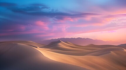 Dusk's Embrace A mesmerizing scene of desert dunes enveloped in the soft light of dusk with the tranquil beauty of the sandy landscape enhanced by the fading colors of the evening sky.