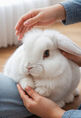 Obraz premium A fluffy rabbit being petted by a loving owner. 