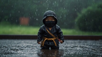 Adorable little ninja in a black outfit with a yellow belt, standing in the rain, showcasing determination and focus. Perfect for cultural and martial arts themes.