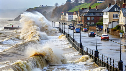 Aftermath of natural disaster. Flooded cars on the street of the city. Street after heavy rain and storm
