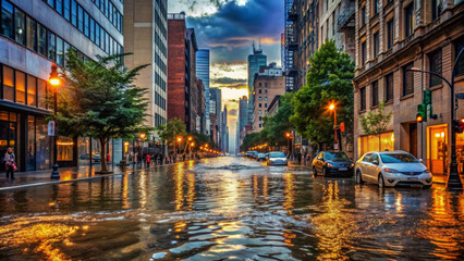 Fototapeta premium Aftermath of natural disaster. Flooded cars on the street of the city. Street after heavy rain and storm