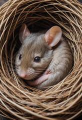  A sleepy mouse curled up in a nest. 