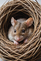  A sleepy mouse curled up in a nest. 