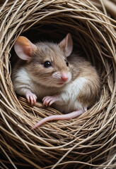  A sleepy mouse curled up in a nest. 