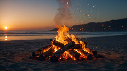 Campfire on the beach Sea background, sunset.