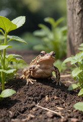 Obraz premium A curious toad hopping through a garden. 