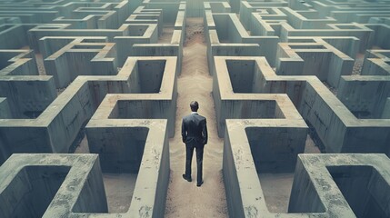A businessman is in a huge maze, unsure of how to get out.