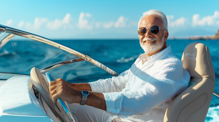 Happy smiling senior old man driving white luxury speedboat or motorboat on sea or ocean water. Retirement adventure for elderly male person, pensioner summer leisure