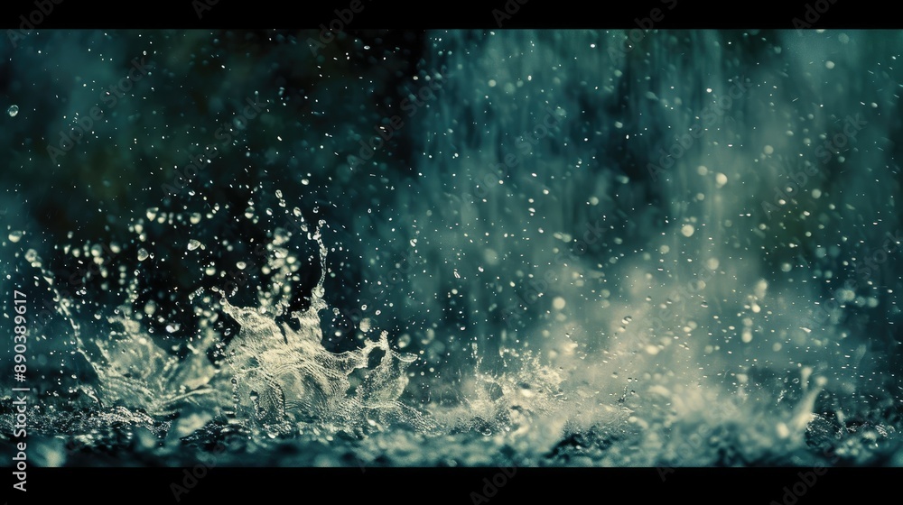 Poster abstract rain splashes on a dark background with a light fog overlay for texture