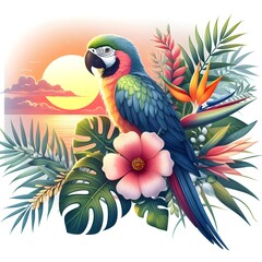 Obraz premium Parrot with tropical leaves at sunset or sunrise. Isolated watercolor illustration on wite background. 
