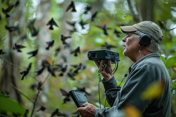 Fototapeta premium A bird watcher records bird calls and songs using specialized audio equipment. The observer is surrounded by a variety of bird species, each contributing to the symphony of natural sounds. This image