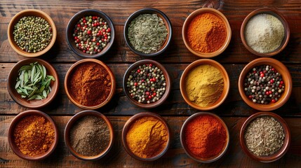 Assorted colorful spices in bowls arranged neatly on a wooden background