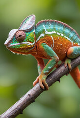 Fototapeta premium A chameleon changing colors on a branch. 