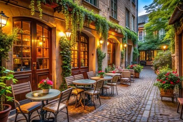 Naklejka premium A cobblestone street with a row of outdoor tables and chairs