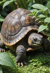 Obraz premium A tortoise grazing on a leafy plant. 