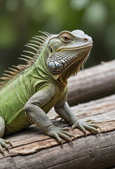 Obraz premium An iguana sunbathing on a log. 