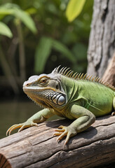 Obraz premium An iguana sunbathing on a log. 