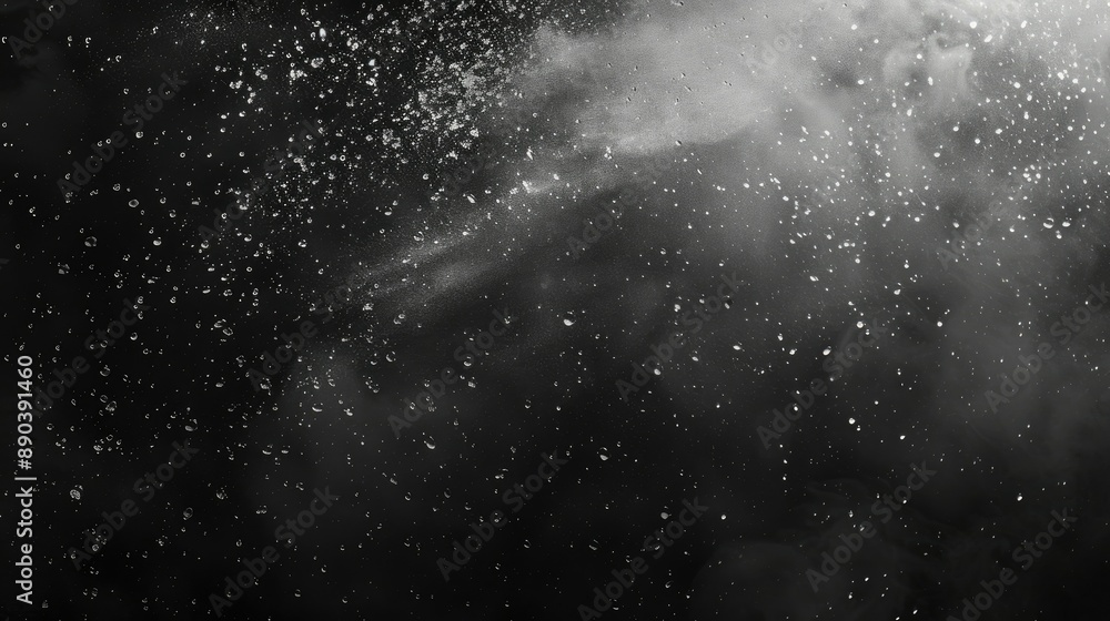 Poster dynamic overlay of rain splashes and fog on a black background, showcasing texture