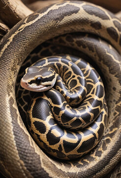  A ball python curled up in a hideout. 
