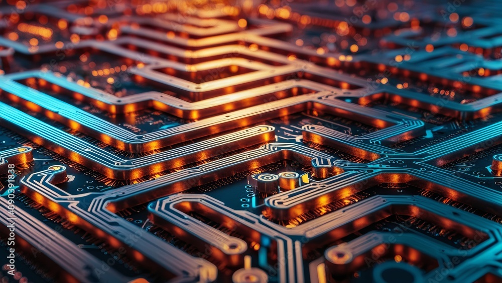 Poster close-up of a glowing circuit board with intricate pathways and orange illumination, representing ad