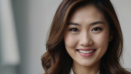 Beautiful Asian woman of middle age or young age posing for beauty portrait. Pretty mature adult lady model from Asia looking at camera smiling on background advertising with copy space