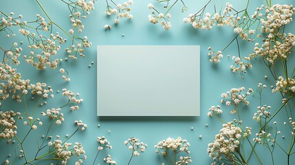 Blank White Card with Delicate Flowers on Blue Background.