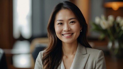 Naklejka premium Beautiful Asian woman of middle age or young age posing for beauty portrait. Pretty mature adult lady model from Asia looking at camera smiling on background advertising with copy space