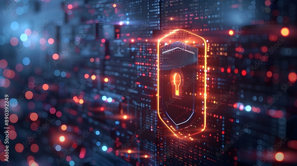 Poster cybersecurity shield with digital lock and matrix background secure and futuristic cyber concept
