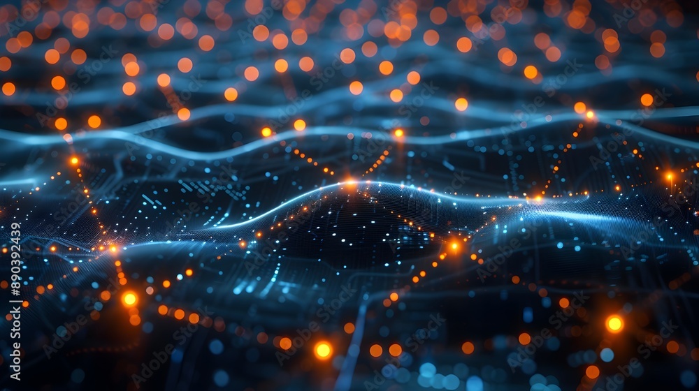Poster intricate digital network visualization with interconnected nodes and lines in futuristic cyber back
