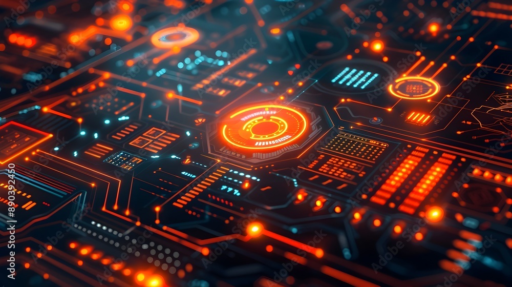 Poster futuristic cyber interface with glowing data streams and interactive elements