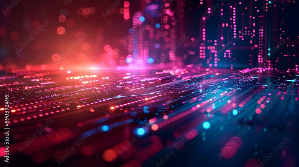 Poster vibrant cyber interface with glowing data streams and interactive elements depicting dynamic digital