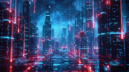 Fototapeta premium Futuristic virtual cityscape with digital avatars. Metaverse technology innovation.