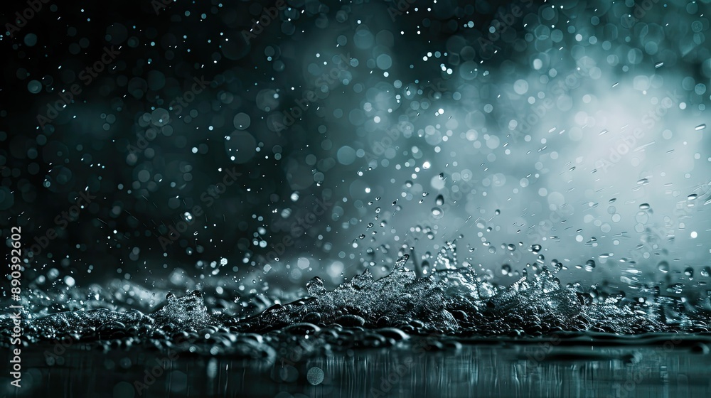 Aufkleber heavy rain splashing against a dark backdrop, with fog adding a layered effect