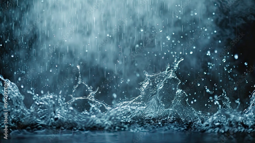 Poster heavy rain splashing against a dark backdrop, with fog adding a layered effect