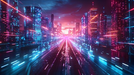 Obraz premium Futuristic Neon Lit City Skyline with Augmented Reality Ads