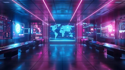 Futuristic Holographic Control Room with Interactive Displays and Cyber Concept Background