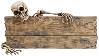 Skeletal Figure Holding Wooden Sign with Blank Space on Transparent Background - Spooky Halloween Skeleton Decoration