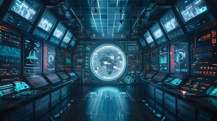 Futuristic Holographic Control Room with Interactive Displays and Cyber Background Concept