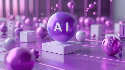 High-Tech AI Technology Visualization - Modern Digital Interface with Purple and White Design, Futuristic AI Technology Interface - High-Tech 3D Rendering with Purple and White Components