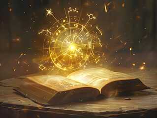 An old ancient book opened and emitted a beautiful golden light showing the 12 astrological signs.